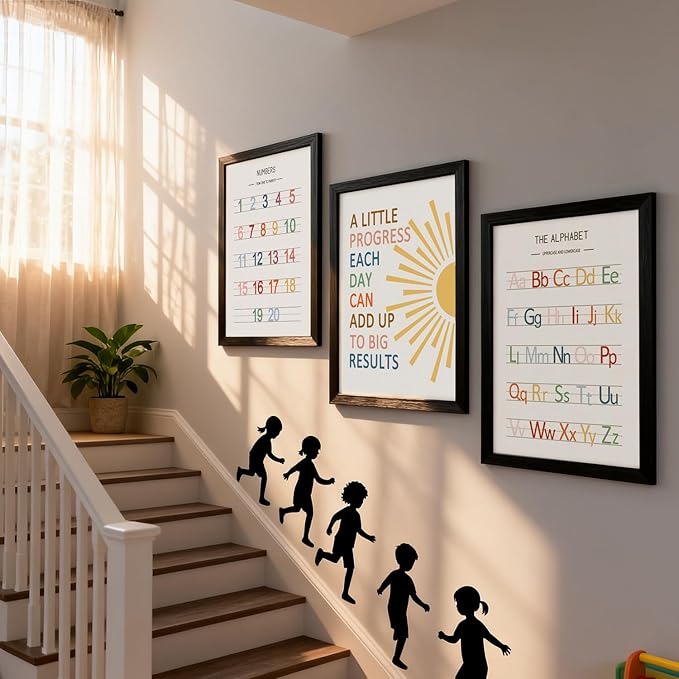 3 PCS Alphabet Numbers Framed Playroom Wall Decor,Classroom Must Haves,A Little Progress Each Day Boho Educational ABC Poster Wooden Sign for Baby Girl Kid Boy Toddlers,Neutral Preschool English Letters Nursery Decor for Homeschool Kindergarten Kids Le...