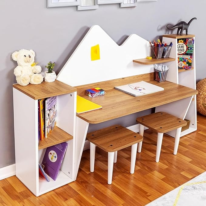 Kid's Study Desk with Bookshelf + 2 Stools for Ages 3-8, Wooden Children Activity Table with Hutch and Shelves, Kids Bedroom Study Desk with Storage