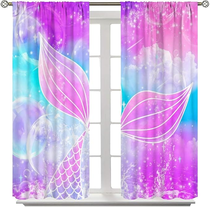 Suitable for Girls Mermaid Curtains, Rainbow Pink Purple Mermaid Tail Fish Scales Fantasy Ocean Print Curtains for Living Room Children Baby Room Nursery, 42x63 Inches