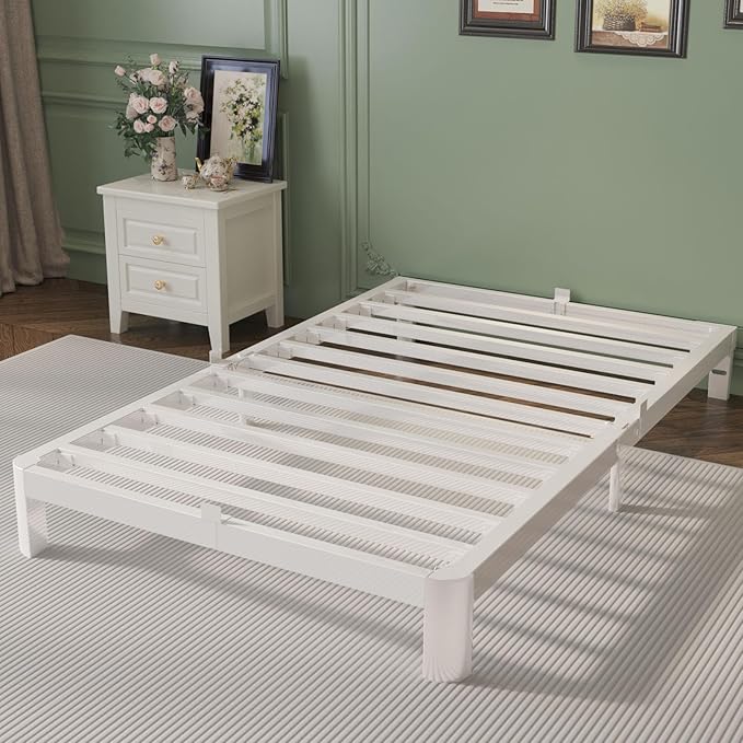 Twin Bed Frames 6 Inch, White Twin Size Bed Frame with Metal Gaskets, No Box Spring Need, Heavy Duty Steel Platform Support, Round Corner Desgin, Easy Assembly, Noiseless