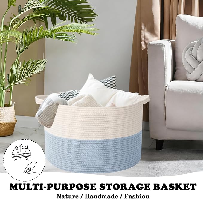 Large Blanket Basket for Organizing,65L Closet Organizers and Storage Bins Box for Shelves Woven Rope Storage Baskets,Living Room,Bedroom,Dorm,Laundry room (White&Blue)