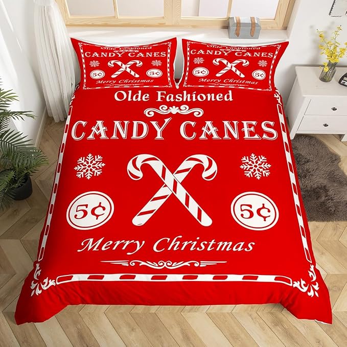 jejeloiu Christmas Bedding Set for Kids Boys Girls Christmas Quote Comforter Cover Set Full Size Candy Canes Print Duvet Cover Bedroom Decor Xmas Red Bedspread Cover Bedding Collection 3Pcs