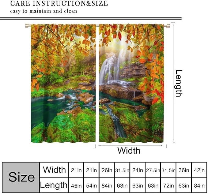 Waterfall Blackout Curtains, Waterfall Landscape Autumn Nature Leaves Forest Window Drapes, for Bedroom Living Room 63" W X 72" L