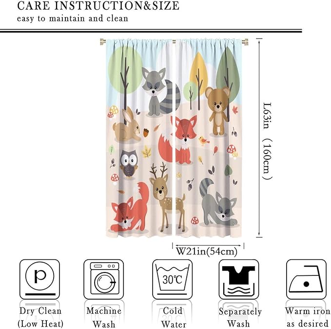 Kids Cartoon Forest Animal Curtains, Cute Woodland Animal Window Treatments for Bedroom Wildlife Fox Bear Deer Bunny Bird Blackout Window Drapes for Girls Boys Nursery Toddler Playroom 42x63in