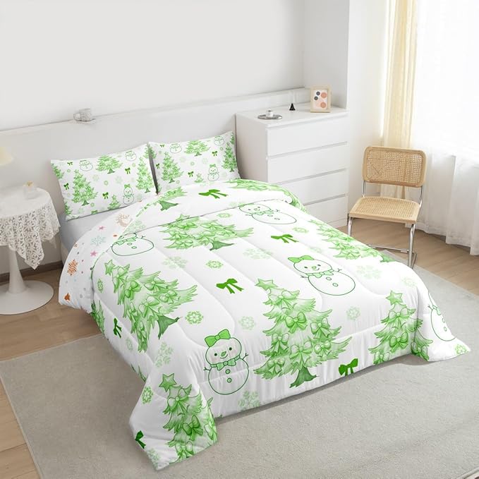 Feelyou Merry Christmas Comforter Set All Season Cute Snowman Bedding Set with 1 Pillow Cases Cartoon Bowknot Microfiber Kids Toddler Bedclothes Christmas Tree Duvet Quilt Soft Lightweight