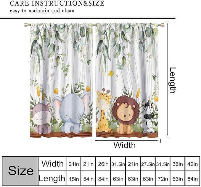 YCness Forest Animal Curtains, Watercolor Wild Animal Bear Fox Deer Kids Window Treatments for Living Room Bedroom, Green Woodland Tree Kids Drapes 2 Panel Sets,63x72 Inch