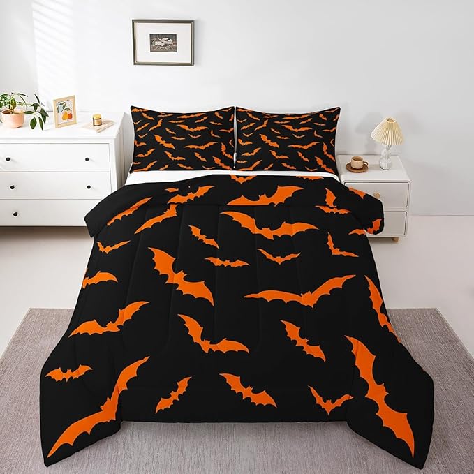 Erosebridal Happy Halloween Quilt Full Size for Kids Boys Bats Animal Silhouette Comforter Set Orange Bats Animal Bedding Set Gothic Spooky Down Comforter with 2 Pillow Cases
