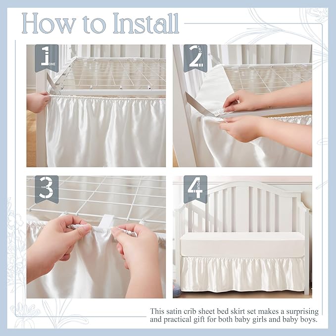 SiinvdaBZX 2-Piece Set Satin Crib Sheets & Crib Bed Skirt, 52" x 28" Silky Soft Ruffled Baby Crib Skirt with Adjustable Elastic 14" Drop, Fit for Standard Crib & Toddler Bedding (Baby Blue)