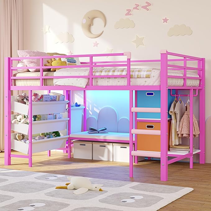 DICTAC Low Twin Size Loft Bed with Reading Corner and Bookshelf,Metal Twin Loft Bed with LED Lights,3 Sling Drawers&2 Movable Storage Bins,loft bed for Kids with 13.98"H Safety Guardrail & Stairs,Pink