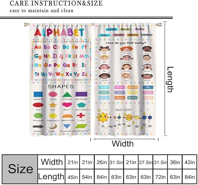 Kids Educational Alphabet Cartoon Curtain Solar System Shapes Cute Knowledge Printed Rod Pocket Window Drapes for Todders Nursery Baby Bedroom Living Room Decor 42" W X 45" L
