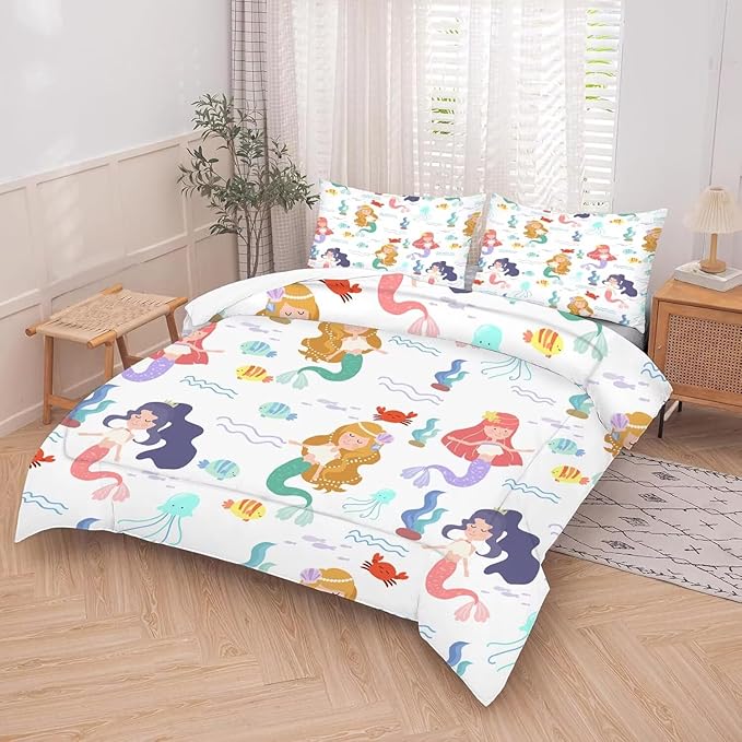 kxry Little Mermaid Princess Comforter Set Queen Size Fairy Tale Sea Shell Grass Bedding Sets for Girls Teens Kids Soft Microfiber Lightweight Comforter Set with 1 Comforter + 2 Pillow Cases