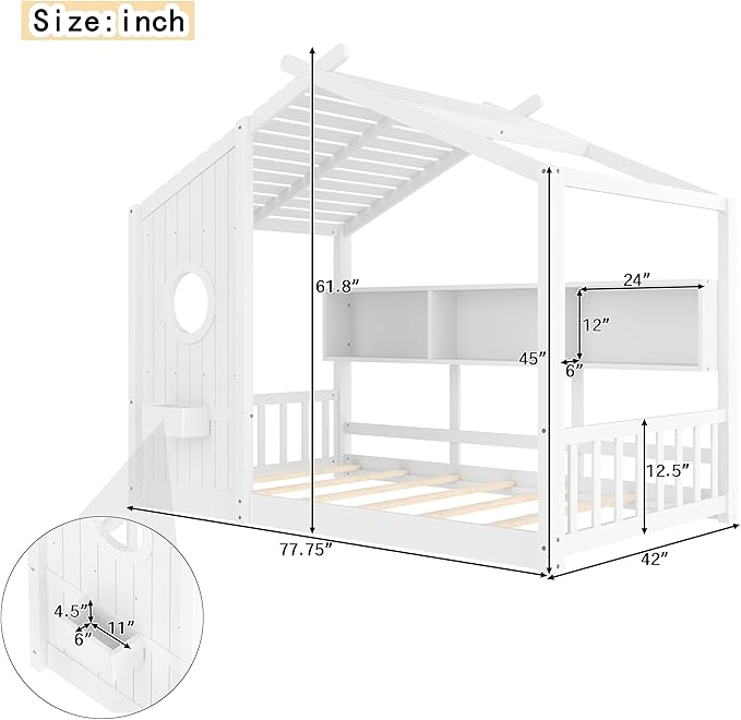 Twin Size House Bed with Storage Shelves for Kids,Kids Montessori Floor Bed, Cute Wood House Bed Frame Twin with Roof for Girls,Boys,Can be Decorated,White
