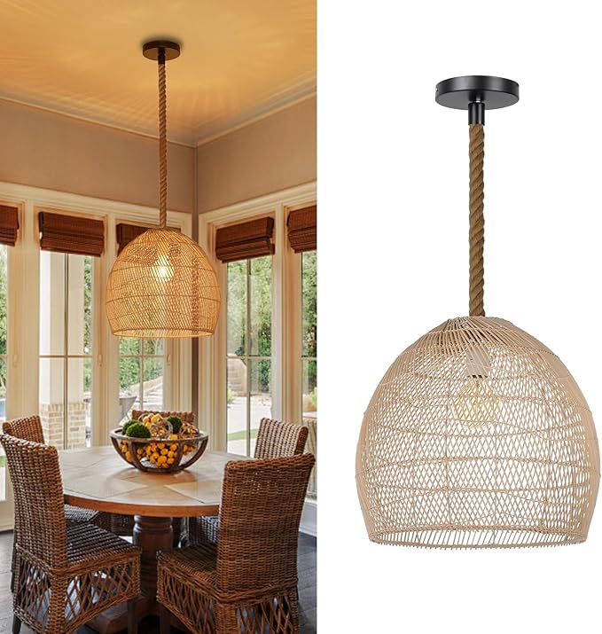 Arturesthome Natural Rattan Pendant Light for Kitchen Island, Woven Lamp Shade Chandelier, Hanging Ceiling Light, Handmade Lampshade Rope Lamp D15.7in*13.7in