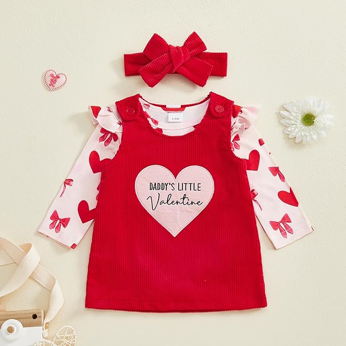 FIOMVA My First Valentines Day Outfit Clothes Baby Girl Romper Love Onesie Heart Embroidery Overalls Suspender Dress Set