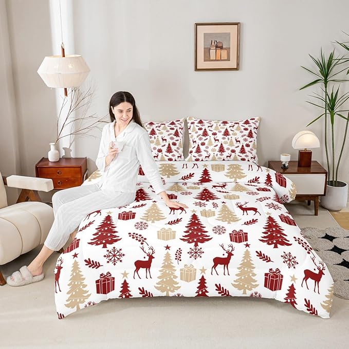 Feelyou Christmas Comforter Set All Season Xmas Tree Bedding Set with 2 Pillow Cases Reindeer Microfiber Kids King Bedclothes Snowflake Gift Bedroom Decor Duvet Quilt Breathable Soft Lightweight