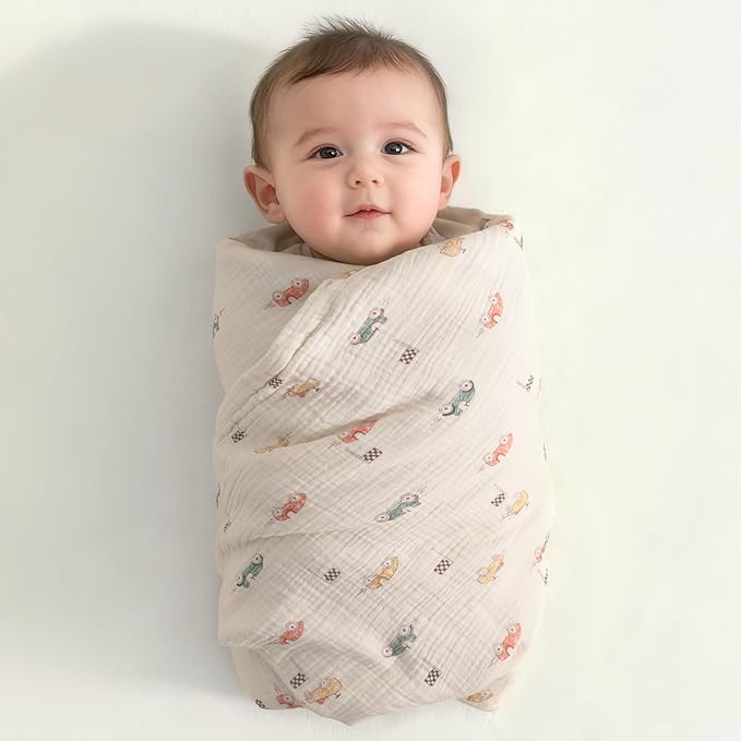 NTBAY 4 Layer Muslin Cotton Toddler Blanket, 42x60 Soft and Breathable Receiving for Newborns and Infants, Perfect for Crib, Stroller, Travel, Lightweight Nursery Blanket, Retro Race Car
