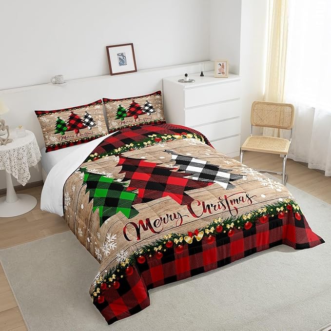 Manfei Plaid Tree Comforter Set Full Size, Wooden Stripe Print Bedding Set 3pcs for Kids Boys Girls Bedroom Decor, Christmas Theme New Year Quilt Set with 2 Pillowcases