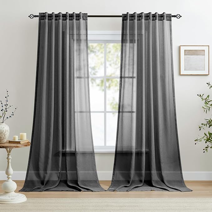 Dreaming Casa Black Sheer Curtains 102 Inches Long, Rod Pocket & Back Tab Light Filtering Textured Sheers for Living Room Bedroom, 2 Panels, Each 52" W x 102" L