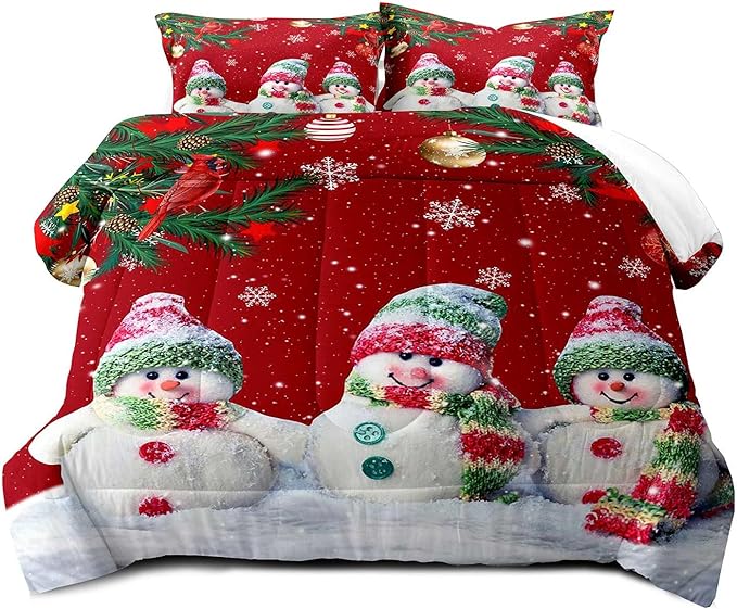 LUVIVIHOME 3PCS Merry Christmas Comforter Set Full Size, Funny Cute Snowman Bedding, Cardinal Snowflake Xmas Christmas Bedroom Decor for Kids Girls Boys Teens, Red Quilt, 2 Pillow Cases