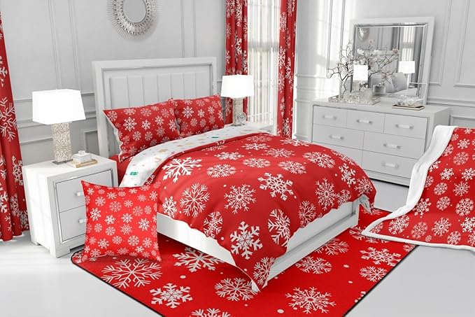 Feelyou Christmas Comforter Set All Season Winter Snowflake Bedding Set with 2 Pillow Cases Xmas Festival Microfiber Kids King Bedclothes Snowflake Red Bedroom Decor Duvet Quilt Breathable Soft