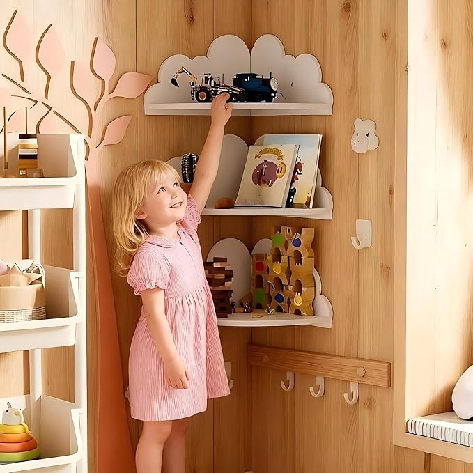 Cloud Wall Shelf Set of 3 Corner Hanging Shelf Nursery Book Shelf, Scalloped Design, Safe and Non-Toxic Sheet Wall-Mounted Background for Kids Bedroom, Toddler Room, Baby Room Decor