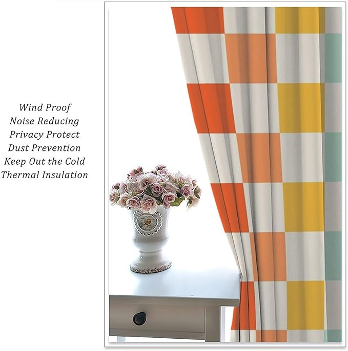 70s Retro Curtains,Cute Green Pink Yellow Checkered Hippie Window Treatments for Kids Girl Bedroom Window 42"" W X 45"" L, Style-7