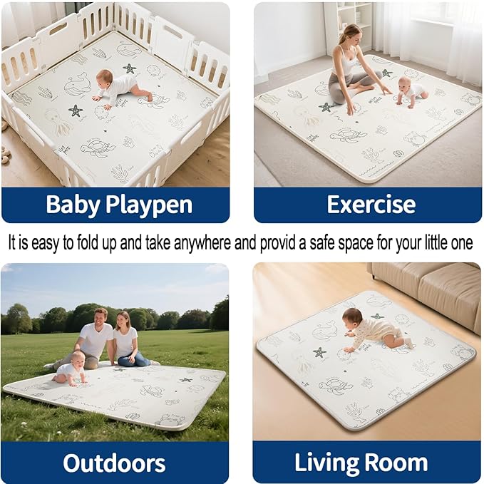 79x71 Baby Play Mat Foldable, Thick 0.8 Inch XPE Foam Waterproof, Extra Large Crawling Mat for Floor Kids Infant Training Non-Slip Reversible