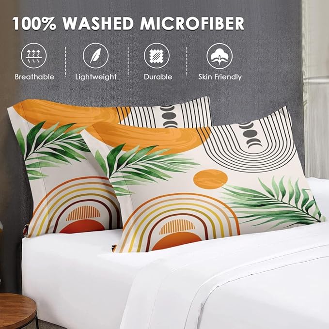 7 Pcs Queen Size Comforter Set with 2 Pillowcases & 2 Shams, Contemporary Mid Century Bedding for Kids and Adults, Rainbow Sun Boho Geometric Bed in a Bag with Flat Fitted Sheet