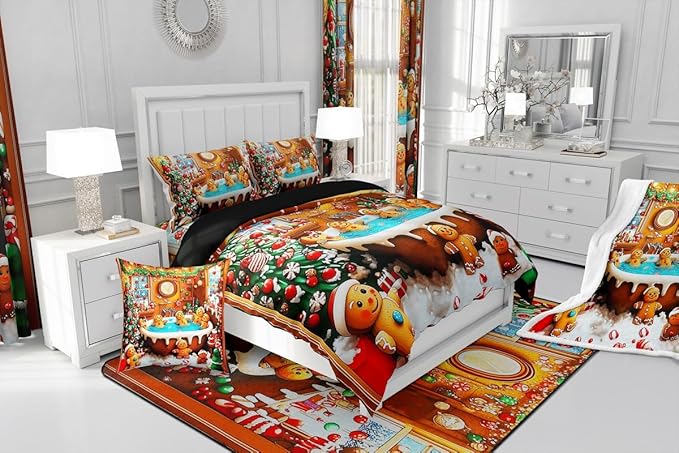 Feelyou Kids Christmas Gingerbread House Duvet Cover, Funny Gingerbread Man Bedding Set, Toddler Size, Merry Christmas Comforter Cover