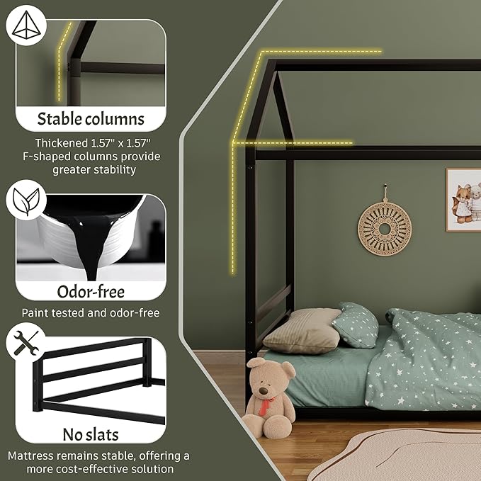 Harper & Bright Designs Full Size Montessori Floor Bed for Children, Metal House Bed Frame with Roof and Fence, Kids Floor Bed Frame for Boys Girls, Easy Assemble, No Slats,Black