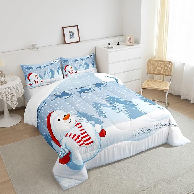 Manfei Snowman Comforter Set King Size, Xmas Deer Trees Print Quilt Set with 2 Pillowcases, Winter Snowflake Merry Christmas Bedding Set 3pcs for Kids Boys Girls Bedroom Decor