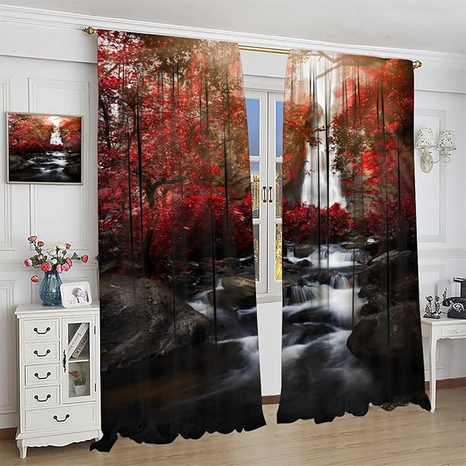 Nature Waterfall Blackout Curtains, Autumn Waterfall Romantic Forest Landscape Print Rod Pocket Window Drapes, for Bedroom Living Room 55" W X 63" L