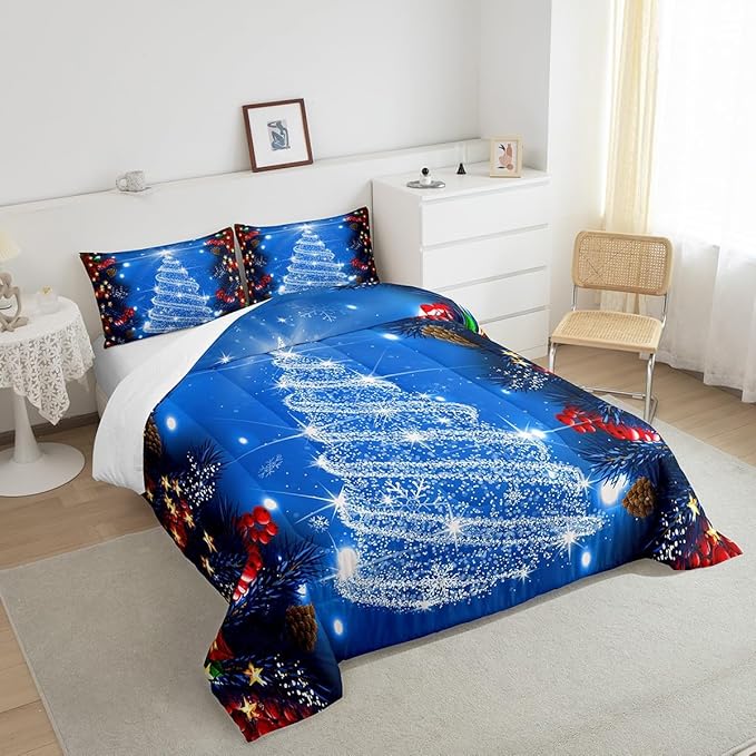 Feelyou Kids Merry Christmas Decorations Comforter Set, Kids Santa Tree Bedding Set Toddler Size for Boys Girls Teens Xmas Christmas Bell Decor Comforter Glitter Blue Quilt Set