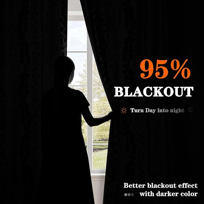 MEETSKY Boho Blackout Leaves Patterned Curtains 84 Inch Long 2 Panels Set for Bedroom, Room Darkening Dark Grey Drapes for Living Room, Thermal Insulated Rod Pocket Back Tab Window Treatment, 50"Wide