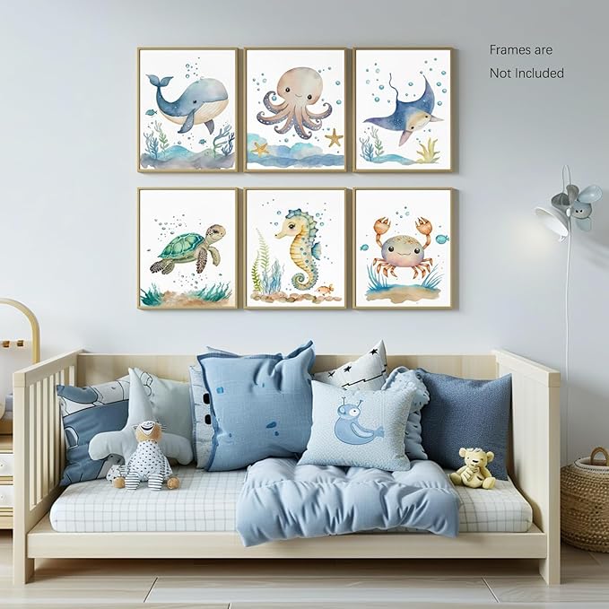 Wodkwq Nursery Wall Art Sea Animal Canvas Prints Baby Girl Boy Room Decor Watercolor Paintings Pictures Cute Ocean Theme Toddler Room Decoration Set of 6 for Kids Bedroom Bathroom 12x16in Unframed