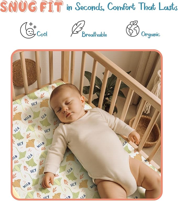 Threadmill Organic Baby Crib Sheets for Boys & Girls | 100% Organic Cotton Fitted Crib Sheet for Standard Crib Mattress | 2 Pack Unisex Cozy Toddler Sheets, Machine Washable | Rays