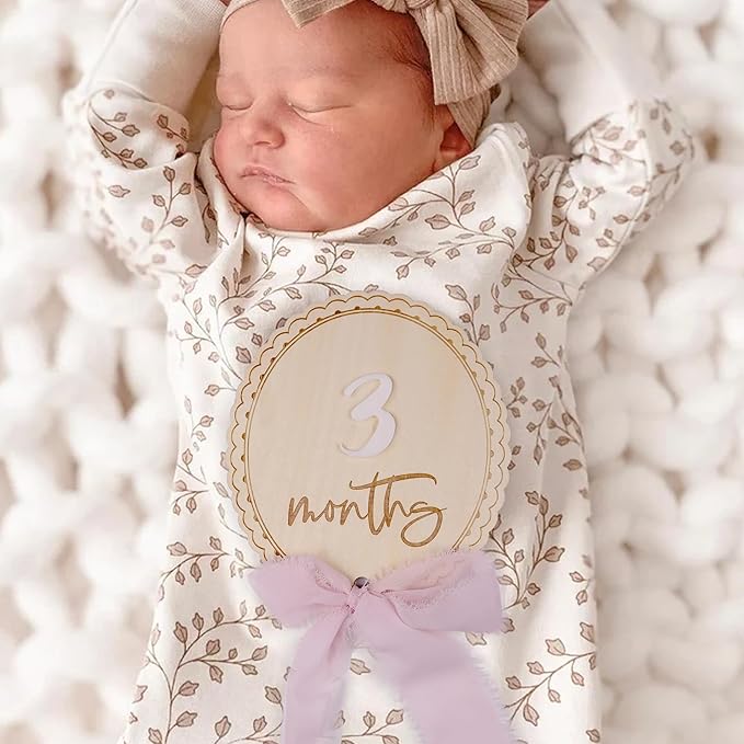 Daisy 3D Baby Monthly Milestone, Wooden Baby Milestone Signs, Monthly Milestone Wood Discs, Baby Milestone Discs (Ribbon)
