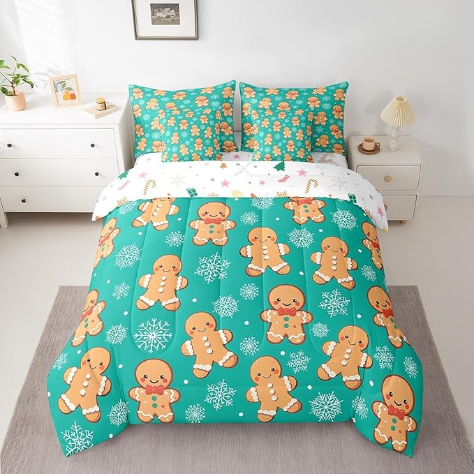 Erosebridal Christmas Gingerbread Queen Bedding Set 7 Piece,Cute Gingerbread Man Bed in A Bag,Xmas Snowflake Comforter Set Kawaii Xmas Sheet Set with Comforter,Green Christmas Decoration