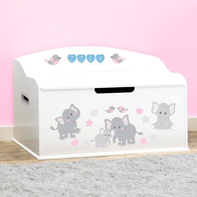DIBSIES Personalized Creative Wonders Toy Box, Pink Elephants, 30 x 19.25 x 18 inches, Soft-Close Lid (White)