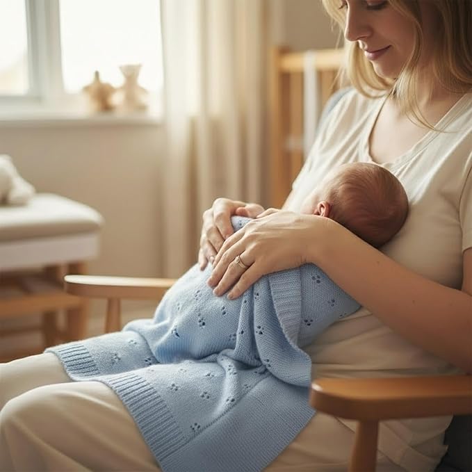 Baby Knit Blanket, 100% Cotton Eyelet Patterns, Soft, Cozy, Lightweight Swaddle for Newborn & Infant Swaddling Beige Neutral, Perfect Baby Shower Ideas Baby Blue 30x40