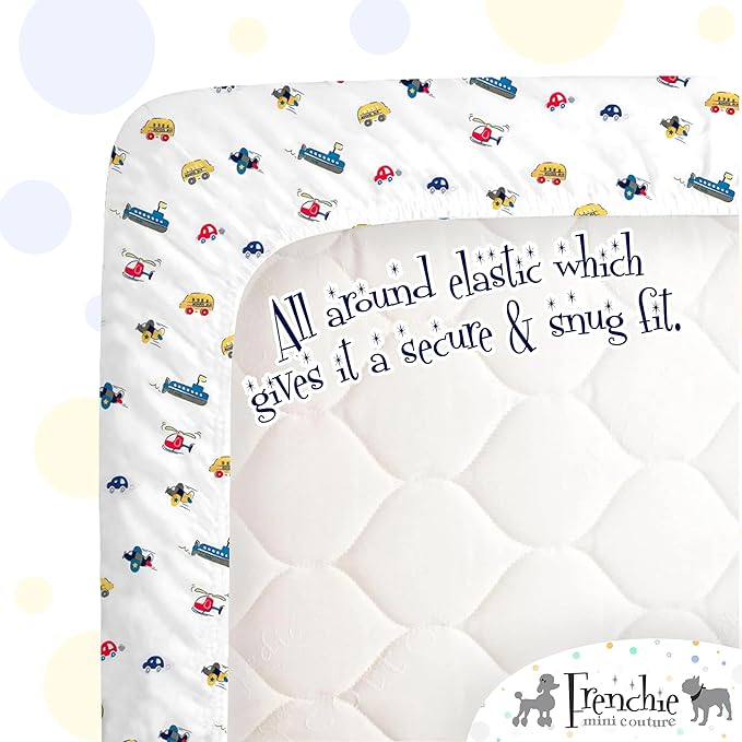 Frenchie Mini Couture, Cars, Boats, Planes Single Pack Fitted Crib Sheet – 100% Cotton, 28 x 52 x 8in