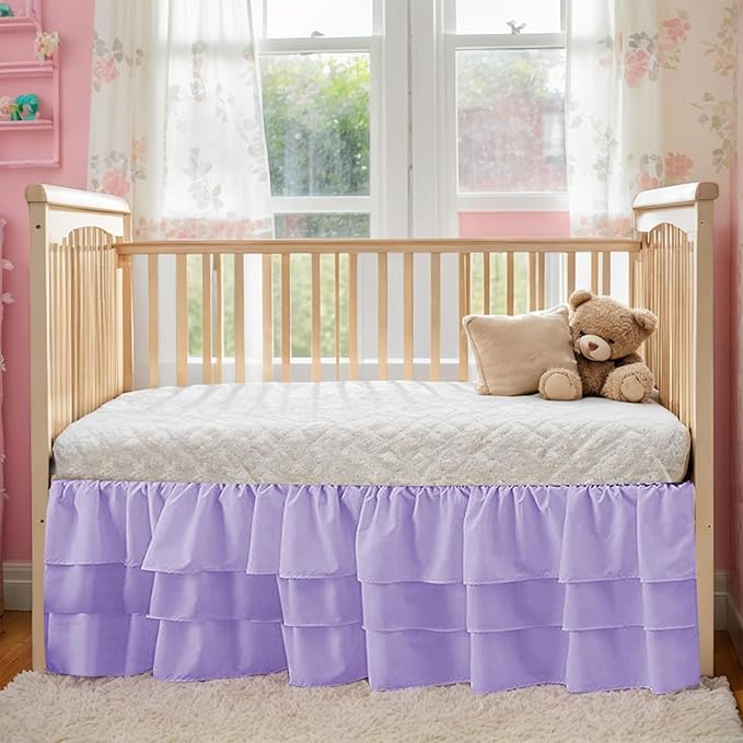 Ruffled Crib Bed Skirt: 3 Tiered Ruffled Crib Skirt Baby Girl Nursery Toddler Bedding Dust Ruffle, 17.7" Deep Drop- Fits Standard Cribs,28"x 52" (Purple)