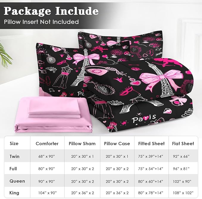 7 Pcs King Size Comforter Set with 2 Pillowcases & 2 Shams, Paris Eiffel Tower Bedding for Kids and Adults, Cute Pink Makeup Fashion Dress Bed in a Bag with Flat Fitted Sheet