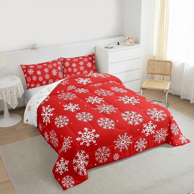Feelyou Christmas Comforter Set All Season Winter Snowflake Bedding Set with 2 Pillow Cases Xmas Festival Microfiber Kids Full Bedclothes Snowflake Red Bedroom Decor Duvet Quilt Breathable Soft