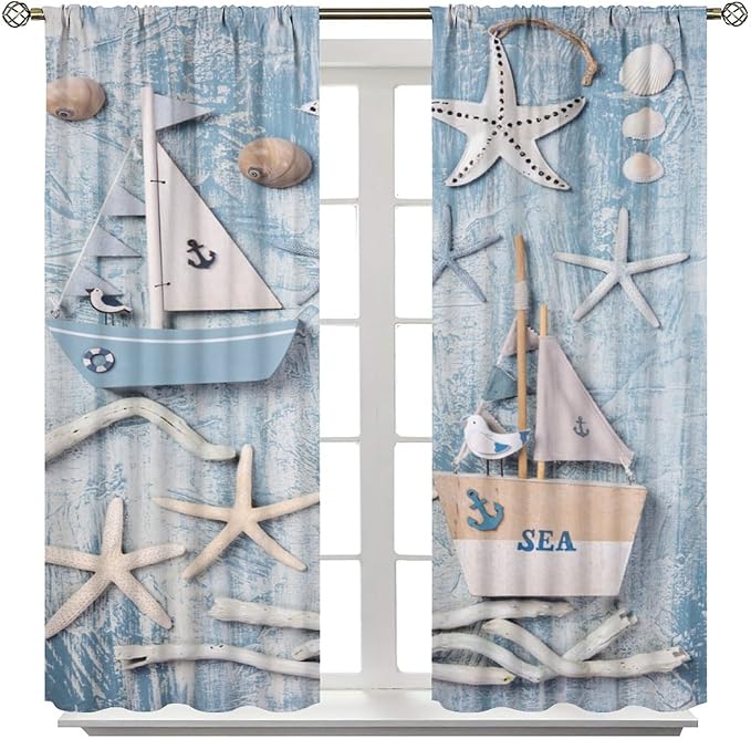 Nautical Curtain,Navy Anchor Sailing Map Starfish Seashells Bedroom Curtain,Waterproof Washable Fabric for Bedroom Decor Set 2 Panels,52x84 Inches