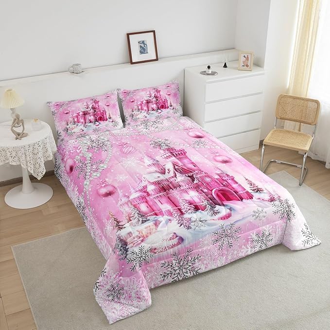 Xmas Pink Castle Comforter Set Toddler Size,Cartoon Fairy Tale Theme Watercolor Bedding Set for Kids Boys Men,Christmas Winter Silver Snowflakes Quilted Duvet Set with 1 Pillowcase