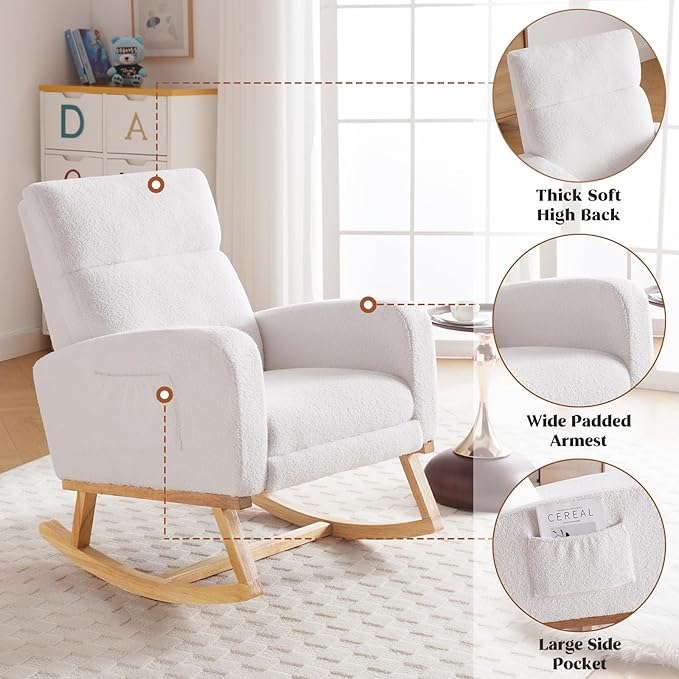 Rocking Chair Nursery with Foot Rest, Nursing Rocking Chairs for Mom Nursery, Teddy Rocker Glider with High Backrest for Living Room, Bedroom, White