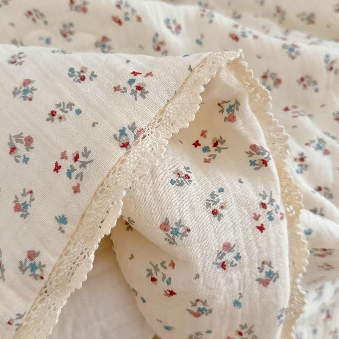 BuLuTu Cotton Muslin Quilted Blanket for Toddler/Twin Bed, Soft Breathable Children Comforter with Lace Edge, Chic Shabby Reversible Floral Quilt, Kids Boys Girls Gauze Cotton Bedding, 60x78 Inches