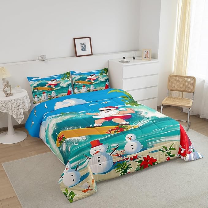 Manfei Christmas Comforter Set King Size, Santa Claus Surfing Theme Bedding Set for Kids Boy Girl Room Decor, Beach Snowman Down Comforter for All Season, Soft Polyester Quilt Set, 2 Pillowcases