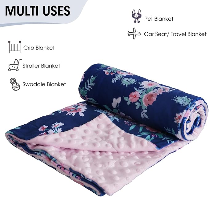 david's kids Micro Fleece Minky Baby Blanket for Girls with Double Layer and Soothing Raised Dots, Breathable and Soft Lightweight Receiving Blanket for Newborns, 40x50 Inches, Navy Floral